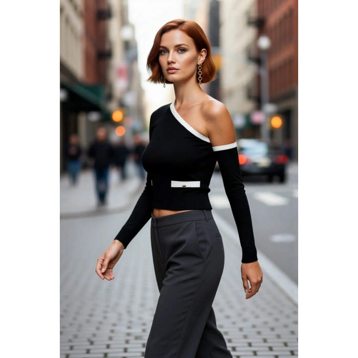 Kadın Modern Renk Bloklu Asimetrik Yaka Fitted Crop Uzun Kollu Triko Kazak İlkbahar Sonbahar