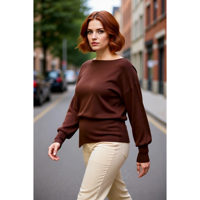 Kadın Modern Şık Kayık Yaka Uzun Kol Düz Desen Triko Kazak Regular Kalıp Günlük Kullanım İçin İdeal