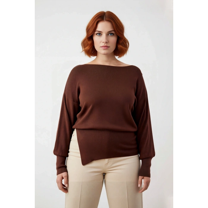 Kadın Modern Şık Kayık Yaka Uzun Kol Düz Desen Triko Kazak Regular Kalıp Günlük Kullanım İçin İdeal