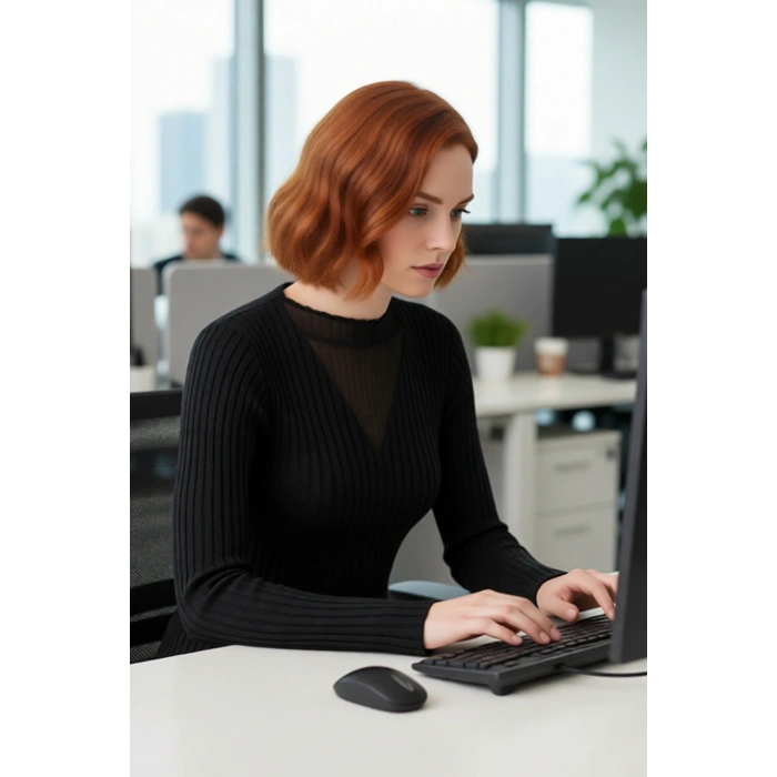 Kadın Modern Siyah Fitted Triko Kazak Transparan V Yaka Detaylı Şık Uzun Kollu Gündüz Gece