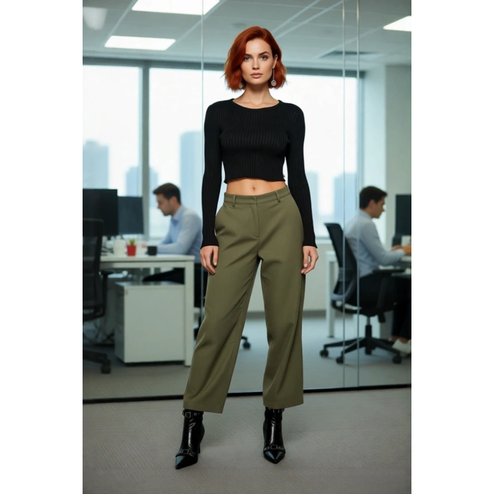 Kadın Modern Super Crop Fitted Polyester Triko Üst Bisiklet Yaka Fitilli Uzun Kol Günlük İlkbahar