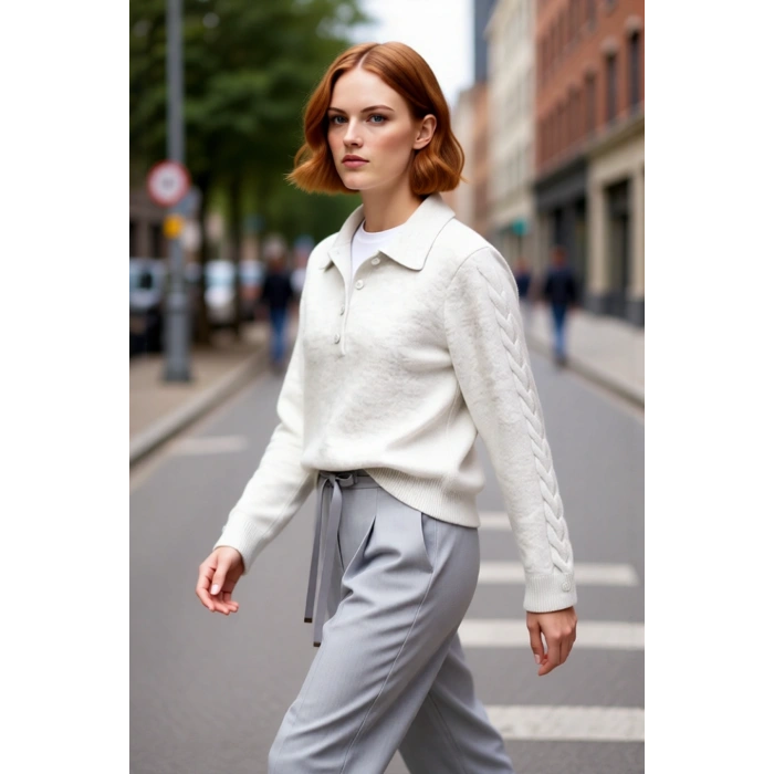 Kadın Modern ve Rahat Polo Yaka Saç Örgü Detaylı Regular Triko Kışlık Standart Kol Kazak Kaliteli