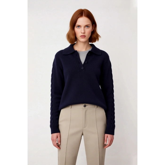 Kadın Modern ve Rahat Polo Yaka Saç Örgü Detaylı Regular Triko Kışlık Standart Kol Kazak Kaliteli