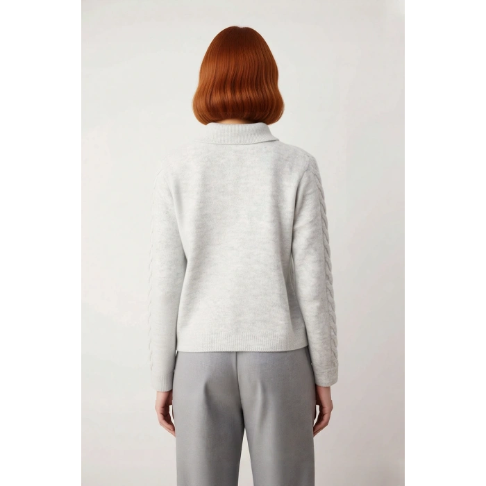 Kadın Modern ve Rahat Polo Yaka Saç Örgü Detaylı Regular Triko Kışlık Standart Kol Kazak Kaliteli