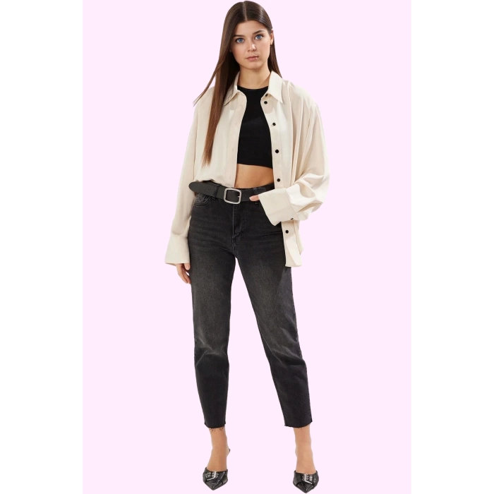 Kadın Mom Jean Geniş Paça Uzun Boy Denim Düz Desen Günlük Stil Hafta Sonu Kaliteli Malzeme