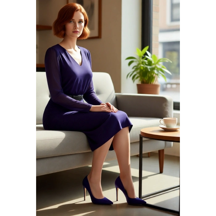 Kadın Mor Bodycon Midi Elbise V Yaka Uzun Standart Kol Düz Desen Şifon Dokuma Büzgü Detaylı