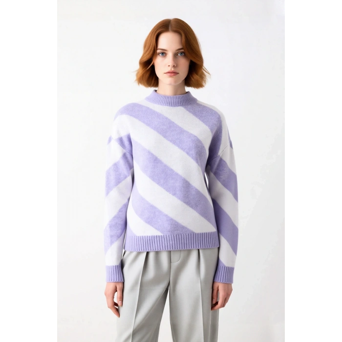 Kadın Mor Çizgili Relaxed Fit Triko Kazak Soğuk Kış Günleri İçin Bisiklet Yaka Şık Ve Konforlu