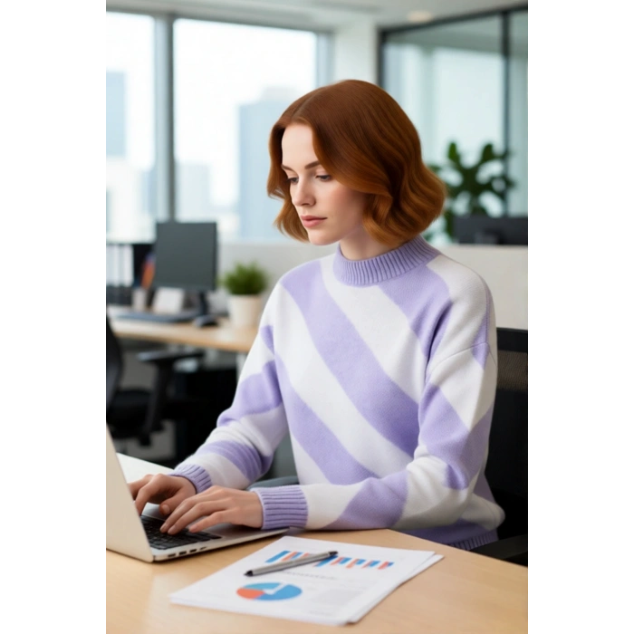 Kadın Mor Çizgili Relaxed Fit Triko Kazak Soğuk Kış Günleri İçin Bisiklet Yaka Şık Ve Konforlu