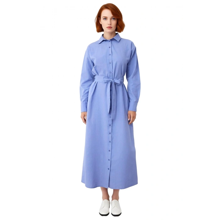 Kadın Mor Gömlek Yaka Pamuk Polyester Kuşaklı Düz Dokuma Elbise Günlük Maxi Boy Stil Kaliteli