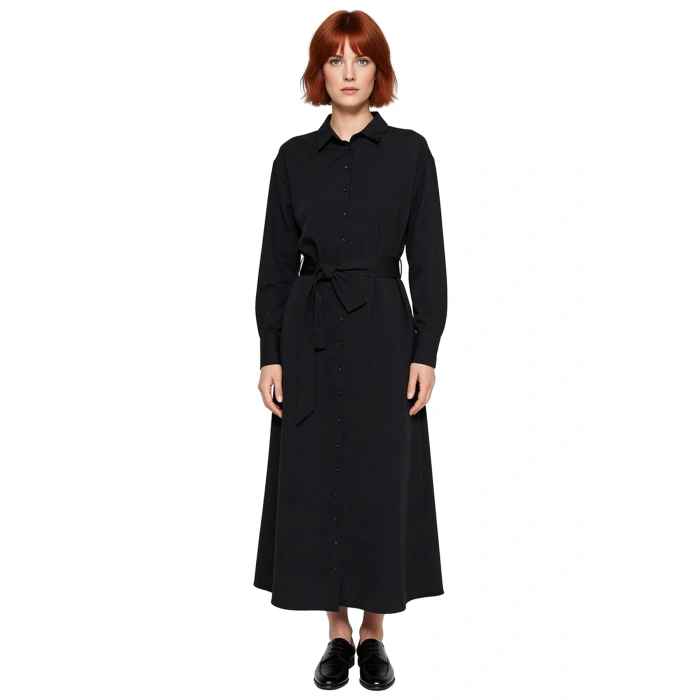 Kadın Mor Gömlek Yaka Pamuk Polyester Kuşaklı Düz Dokuma Elbise Günlük Maxi Boy Stil Kaliteli