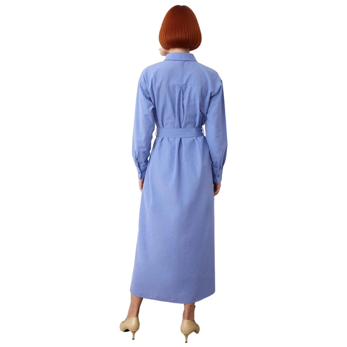 Kadın Mor Gömlek Yaka Pamuk Polyester Kuşaklı Düz Dokuma Elbise Günlük Maxi Boy Stil Kaliteli