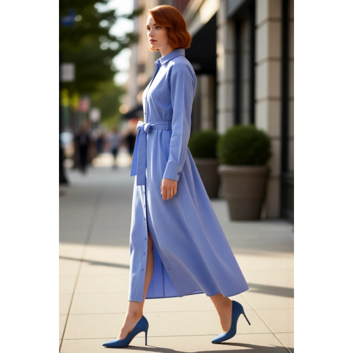 Kadın Mor Gömlek Yaka Pamuk Polyester Kuşaklı Düz Dokuma Elbise Günlük Maxi Boy Stil Kaliteli