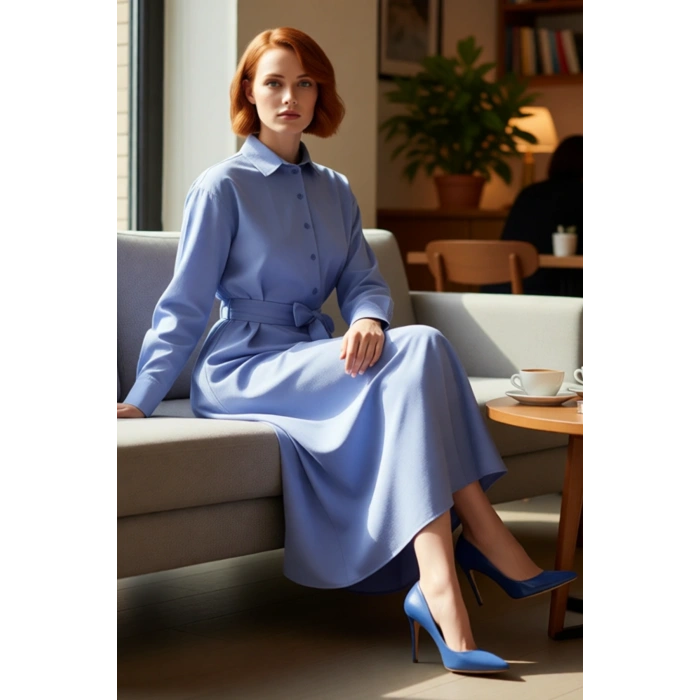 Kadın Mor Gömlek Yaka Pamuk Polyester Kuşaklı Düz Dokuma Elbise Günlük Maxi Boy Stil Kaliteli