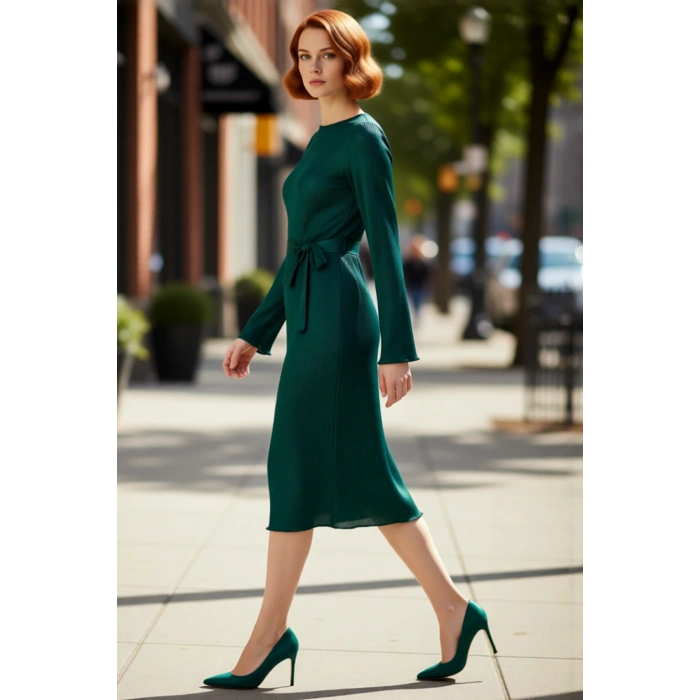 Kadın Mor Pilise Örme Kuşaklı Midi Elbise Kayık Yaka Uzun Kollu Şık Shift Kalıp Tasarım Seçeneği