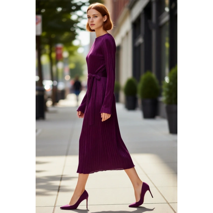 Kadın Mor Pilise Örme Kuşaklı Midi Elbise Kayık Yaka Uzun Kollu Şık Shift Kalıp Tasarım Seçeneği