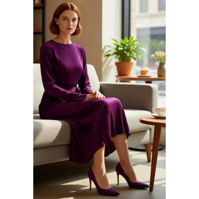 Kadın Mor Pilise Örme Kuşaklı Midi Elbise Kayık Yaka Uzun Kollu Şık Shift Kalıp Tasarım Seçeneği