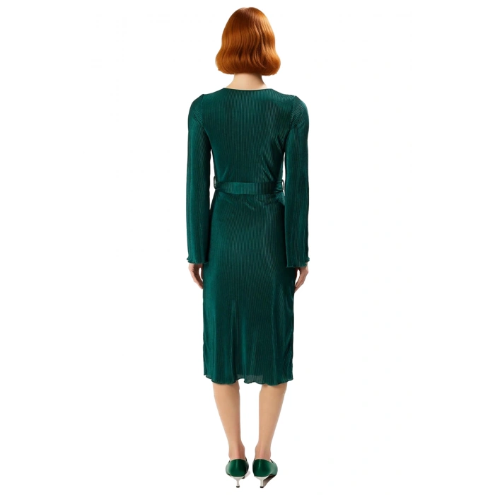 Kadın Mor Pilise Örme Kuşaklı Midi Elbise Kayık Yaka Uzun Kollu Şık Shift Kalıp Tasarım Seçeneği