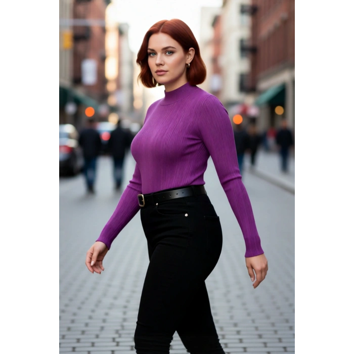 Kadın Mor Uzun Kollu Dik Yaka Triko Kazak Kış Aylarında Modern ve Rahat Bir Görünüm Sunuyor.