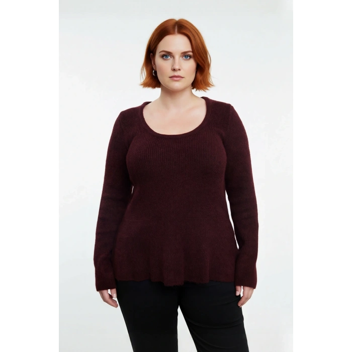 Kadın Mürdüm Akrilik Triko Kazak Fitted Havuz Yaka Balık Siluet Etek Ucu Volanlı Şık Kışlık