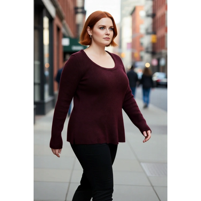 Kadın Mürdüm Casual Akrilik Triko Kazak Havuz Yaka Fitted Kesim Kışlık Günlük Şıklık Kaliteli