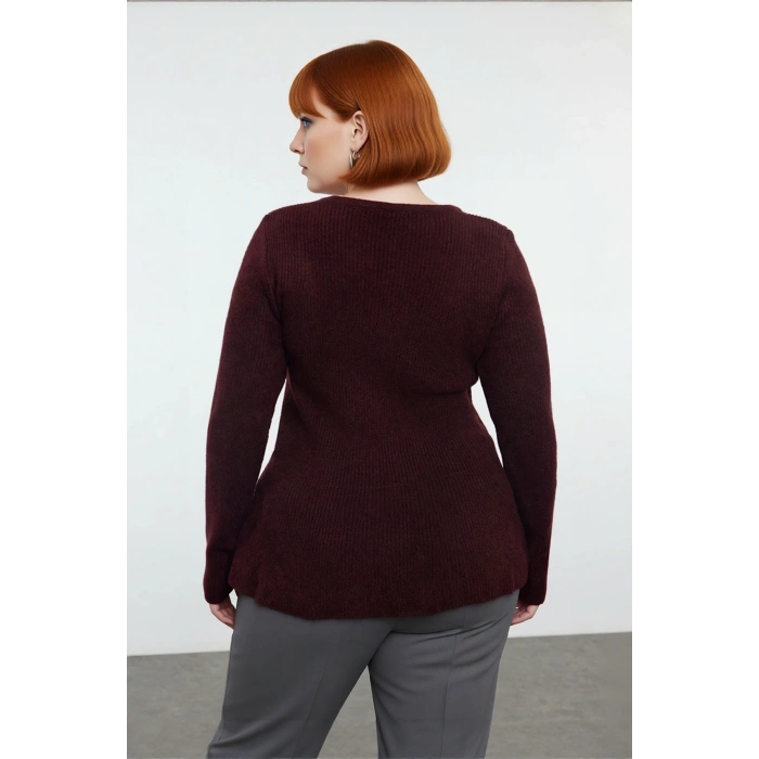 Kadın Mürdüm Casual Akrilik Triko Kazak Havuz Yaka Fitted Kesim Kışlık Günlük Şıklık Kaliteli