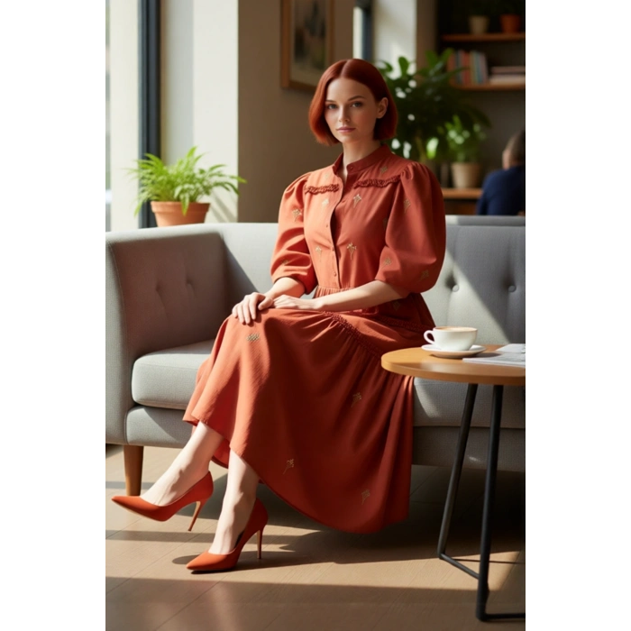 Kadın Nakış Detaylı Hakim Yaka Balon Kol Midi Boy Dokuma Elbise İlkbahar Sonbahar Şıklığı Kaliteli