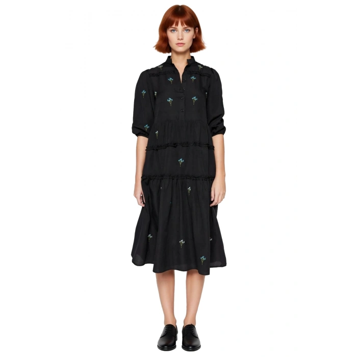 Kadın Nakış Detaylı Hakim Yaka Balon Kol Midi Boy Dokuma Elbise İlkbahar Sonbahar Şıklığı Kaliteli