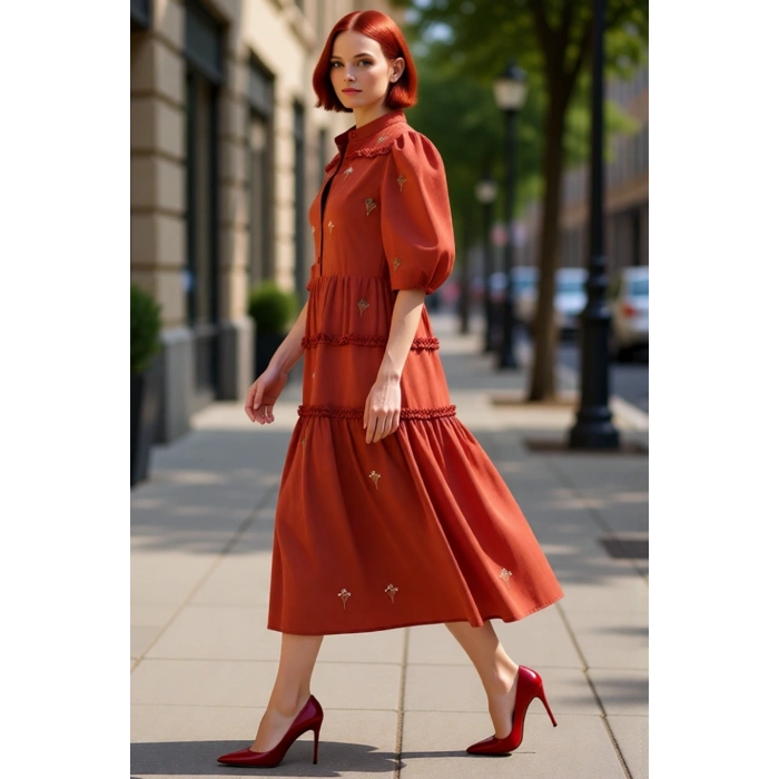 Kadın Nakış Detaylı Hakim Yaka Balon Kol Midi Boy Dokuma Elbise İlkbahar Sonbahar Şıklığı Kaliteli