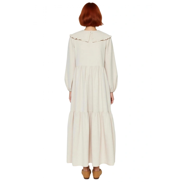 Kadın Nakış Detaylı Keten Görünümlü Dokuma Maxi Elbise Bebe Yaka Balon Kol Shift Kalıp Rahat Şıklık