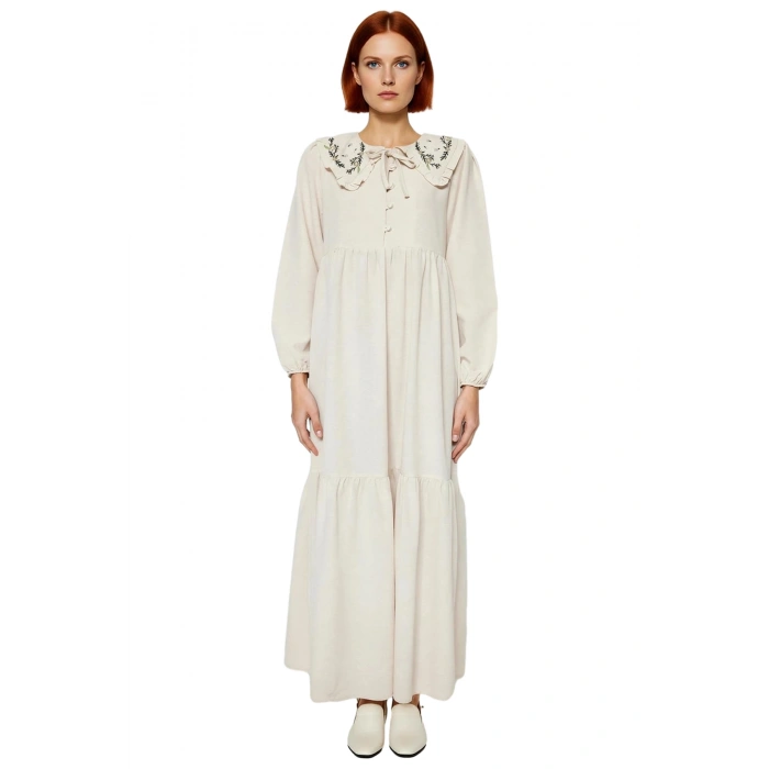 Kadın Nakış Detaylı Keten Görünümlü Dokuma Maxi Elbise Bebe Yaka Balon Kol Shift Kalıp Rahat Şıklık