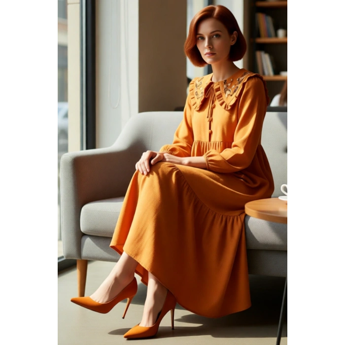 Kadın Nakış Detaylı Keten Görünümlü Dokuma Maxi Elbise Bebe Yaka Balon Kol Shift Kalıp Rahat Şıklık