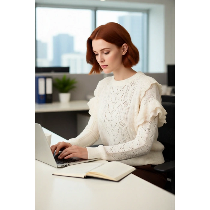 Kadın Nakışlı Dantel Garnili Kol Detaylı Regular Kalıp Bisiklet Yaka Uzun Triko Kazak Günlük