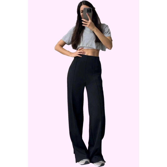 Kadın Nervür Detaylı Geniş Paça Pantolon Yüksek Bel Casual Yazlık Yaz Aylarının Vazgeçilmezi