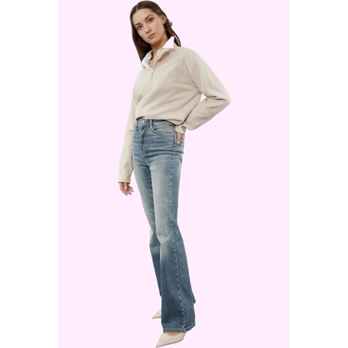 Kadın Normal Bel Düz Desen Comfort Dokuma İspanyol Paça Jean Günlük Kombinler Modern Tasarım