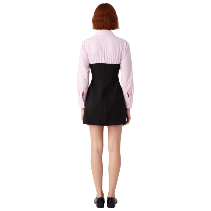 Kadın Office Şıklığı İçin Gömlek Yaka Dokuma Bodycone Mini Elbise Düğmeli Detaylı Model Kaliteli