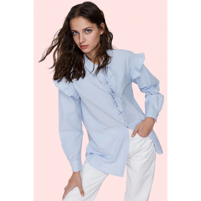 Kadın Omuzlarda İncili Relaxed Fit Uzun Kollu Poplin Gömlek Günlük Kullanım Modern Tasarım