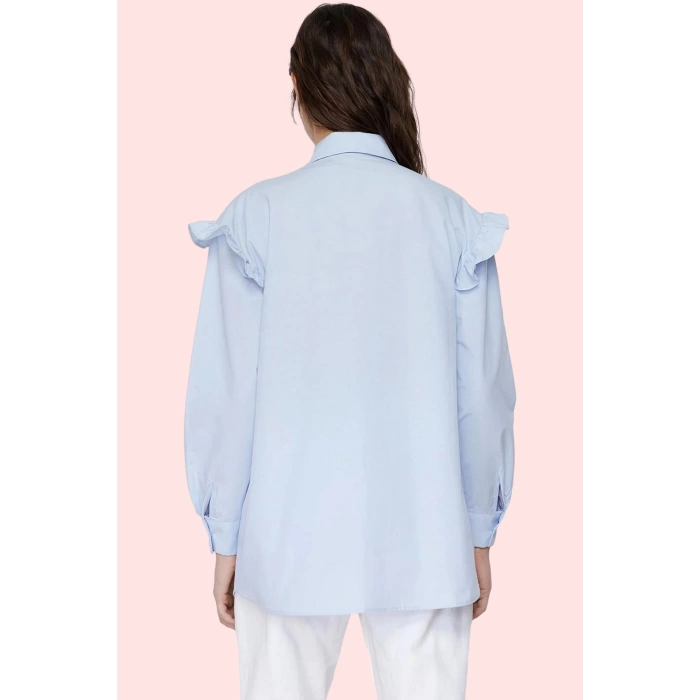 Kadın Omuzlarda İncili Relaxed Fit Uzun Kollu Poplin Gömlek Günlük Kullanım Modern Tasarım