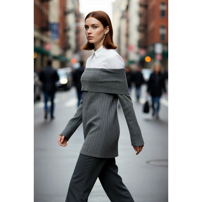 Kadın Omzu Açık Fitted Triko Kazak Dokuma Detaylı Uzun Reglan Kol Kışlık Günlük Şıklık İçin İdeal