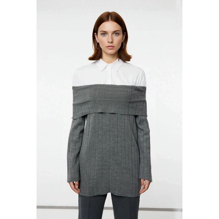 Kadın Omzu Açık Fitted Triko Kazak Dokuma Detaylı Uzun Reglan Kol Kışlık Günlük Şıklık İçin İdeal