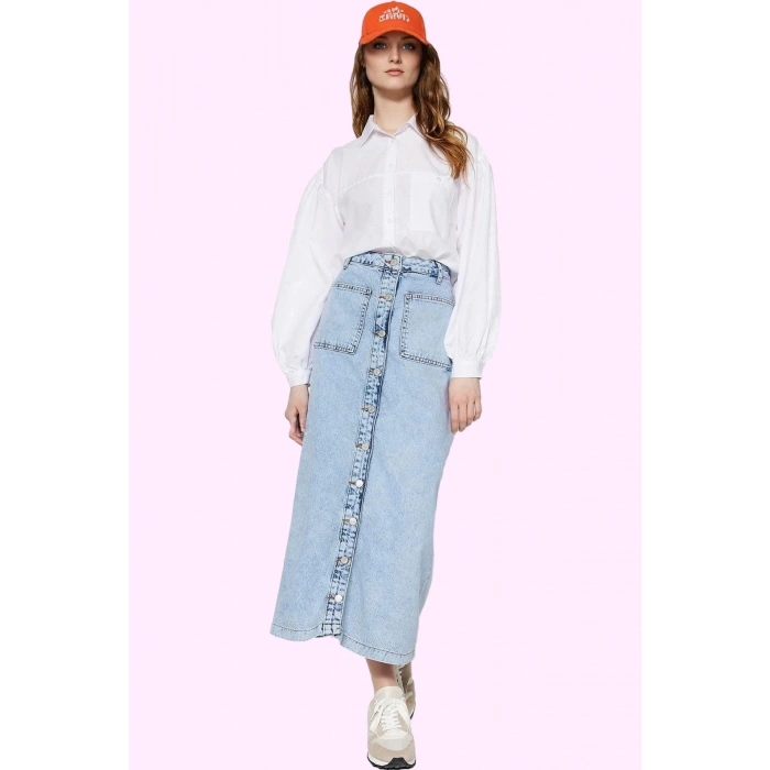 Kadın Önden Düğmeli Denim Maxi Etek Pamuk Casual Günlük Stil Hafta Sonu Yaz Aylarının Vazgeçilmezi