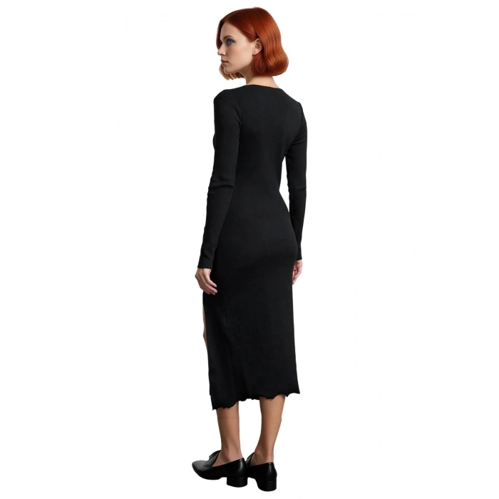 Kadın Örme Bodycon Elbise Midi Boy Kayık Yaka Uzun Kollu Yırtmaç Detaylı Günlük Şık Kombinler İçin
