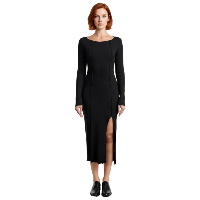 Kadın Örme Bodycon Elbise Midi Boy Kayık Yaka Uzun Kollu Yırtmaç Detaylı Günlük Şık Kombinler İçin