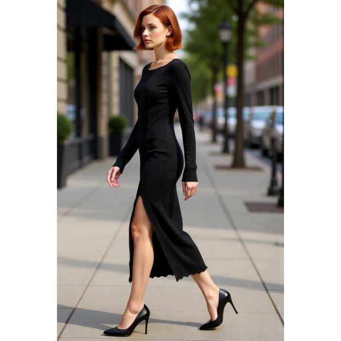 Kadın Örme Bodycon Elbise Midi Boy Kayık Yaka Uzun Kollu Yırtmaç Detaylı Günlük Şık Kombinler İçin