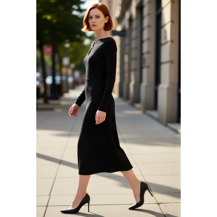 Kadın Örme Bodycon Maxi Elbise Aksesuar Detayları İle Kış Sezonu İçin Şık Ve Modern Stil Kaliteli