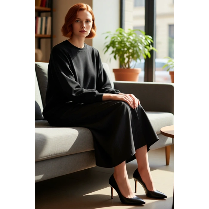 Kadın Örme Dokuma Detaylı Maxi Boy T shirt Elbise Regular Kalıp Bisiklet Yaka Düşük Kol Rahat Şık