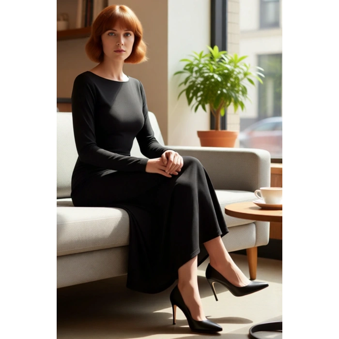 Kadın Örme Kumaş Maxi Elbise Standart Kol Kayık Yaka Drape Detaylı Gündüz Gece Kullanıma Uygun