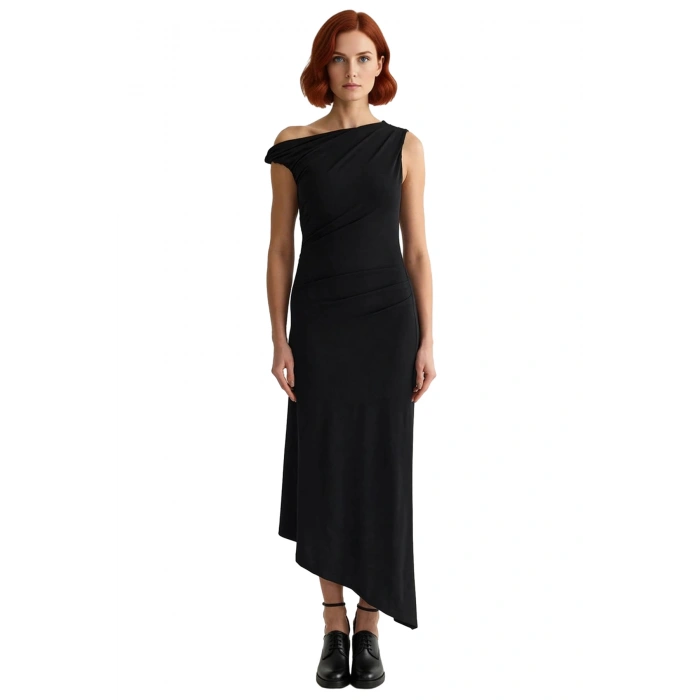 Kadın Örme Maxi Elbise Asimetrik Yaka A Kesim Kolsuz Kokteyl Şık Gece Davetleri Mezuniyet İçin