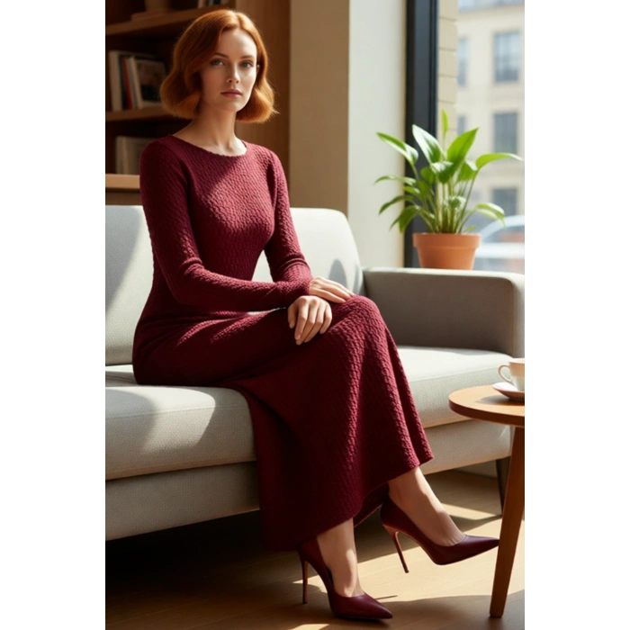 Kadın Örme Maxi Elbise Bodycon Kalıp Uzun Kollu Kayık Yaka Sırt Dekolteli Günlük Şık Giyim