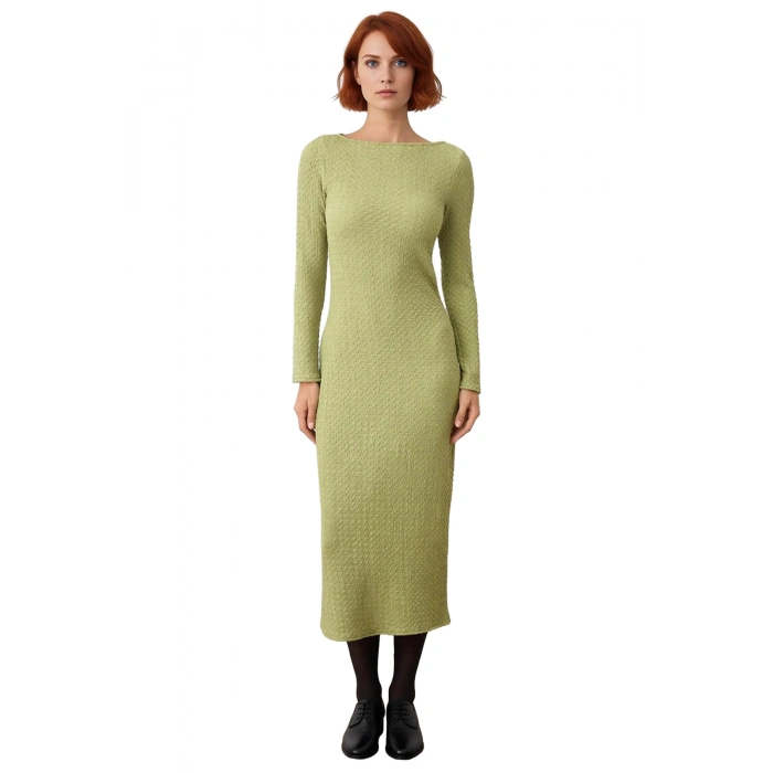 Kadın Örme Maxi Elbise Bodycon Kalıp Uzun Kollu Kayık Yaka Sırt Dekolteli Günlük Şık Giyim