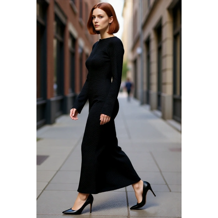 Kadın Örme Maxi Elbise Bodycon Kalıp Uzun Kollu Kayık Yaka Sırt Dekolteli Günlük Şık Giyim